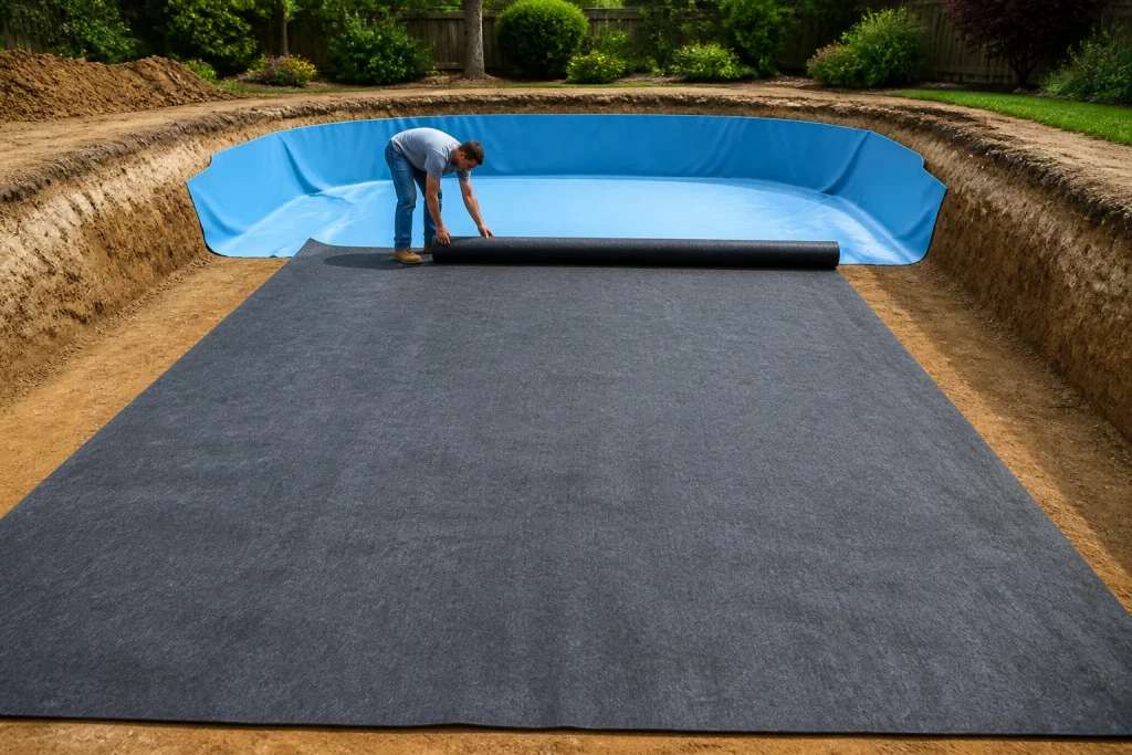 Installation de geotextile pour piscine
