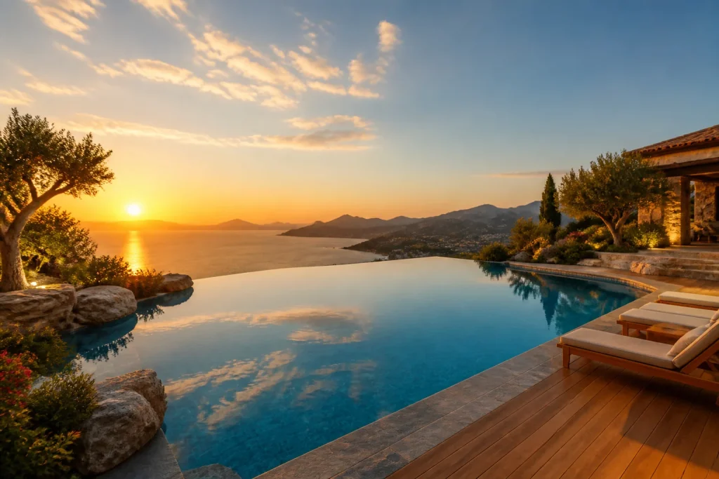 Piscine a debordement au coucher du soleil
