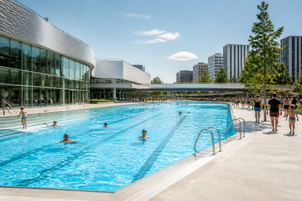 Piscine moderne et lumineuse en milieu urbain