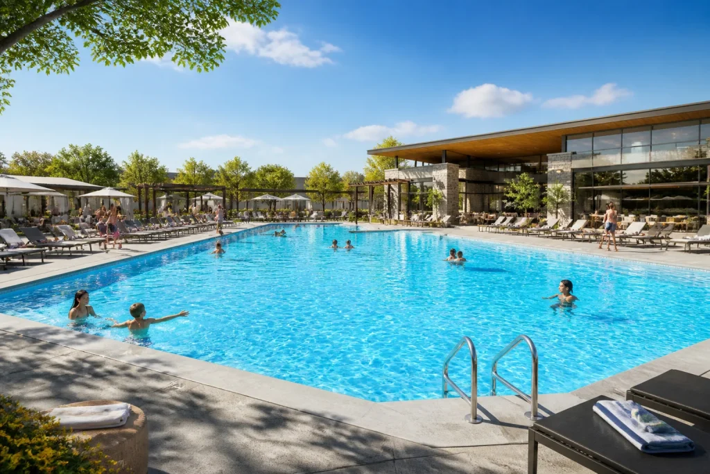Piscine moderne et ensoleillee avec baigneurs