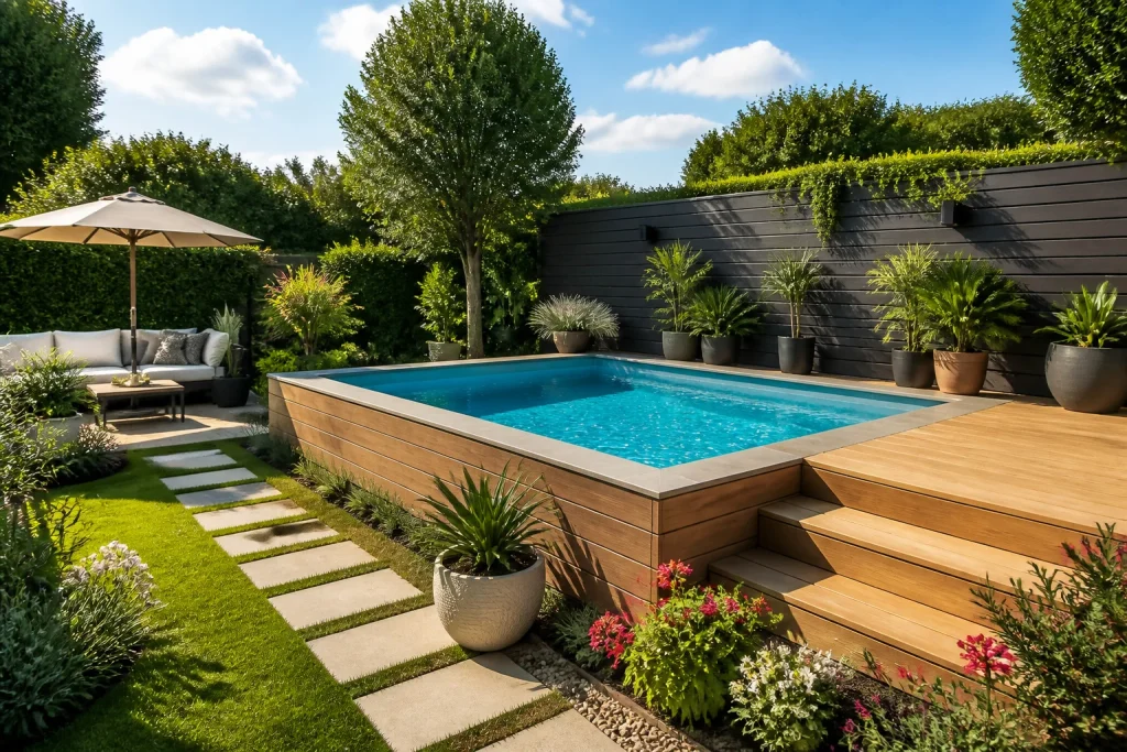 Piscine moderne dans un jardin ensoleille