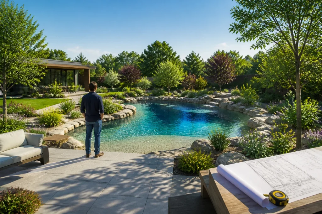 Piscine paysagee et plans darchitecte