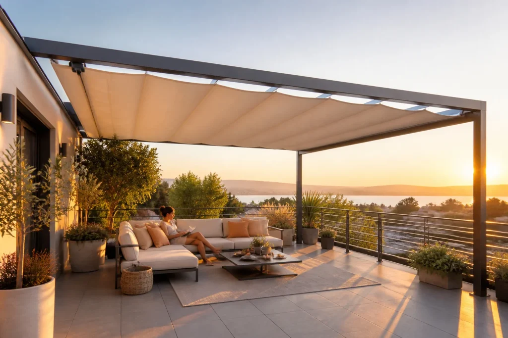 Terrasse moderne sous pergola au coucher du soleil