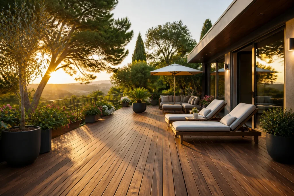 Terrasse moderne en bois au coucher du soleil