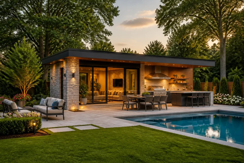 Pool house moderne avec cuisine dete luxueuse