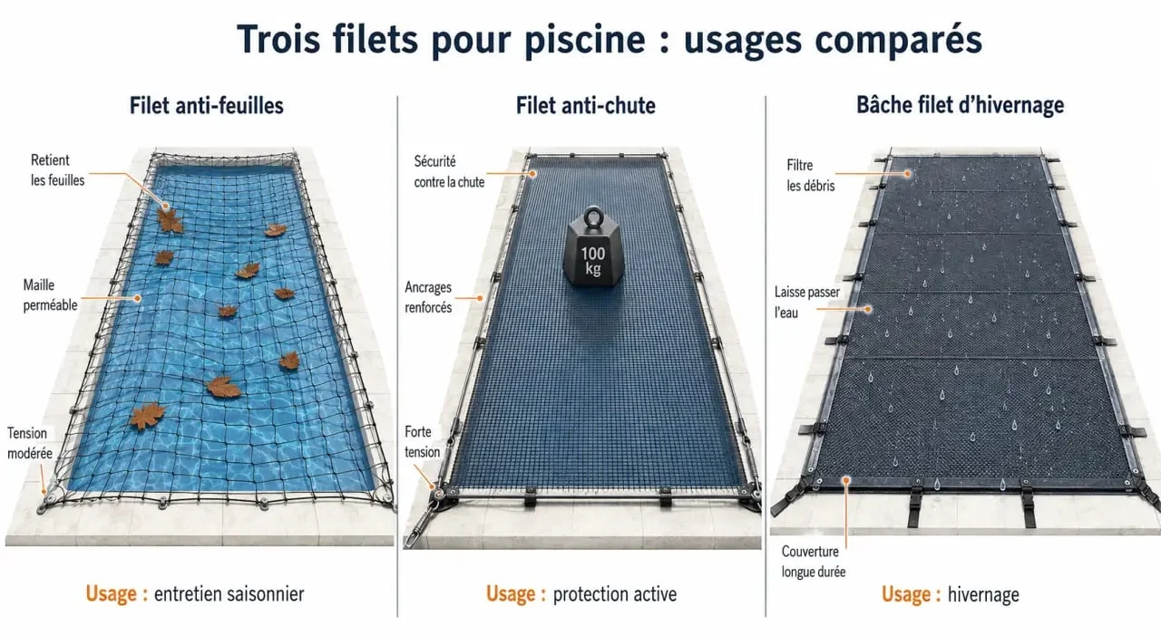 Filet piscine : comparaison visuelle entre filet anti-feuilles, filet anti-chute et bâche filet