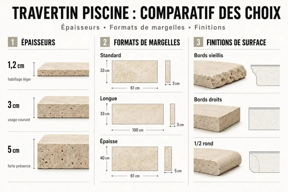 Comparatif visuel travertin piscine des épaisseurs, formats de margelles et finitions