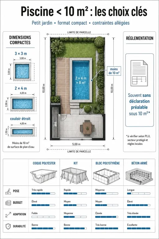 Piscine 10 m2 : infographie comparative des solutions et contraintes pour un petit jardin