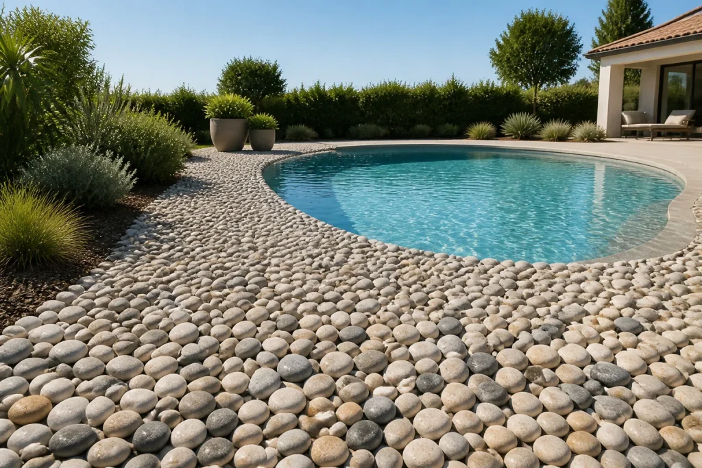 Piscine et entourage de galets roules naturels