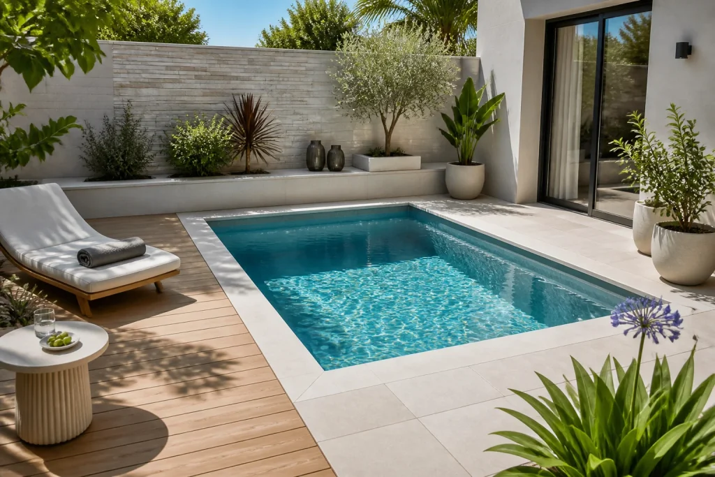 Mini piscine moderne et luxueuse dans un jardin epure