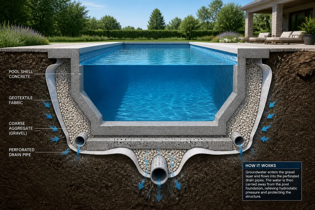 Coupe dune piscine systeme de drainage