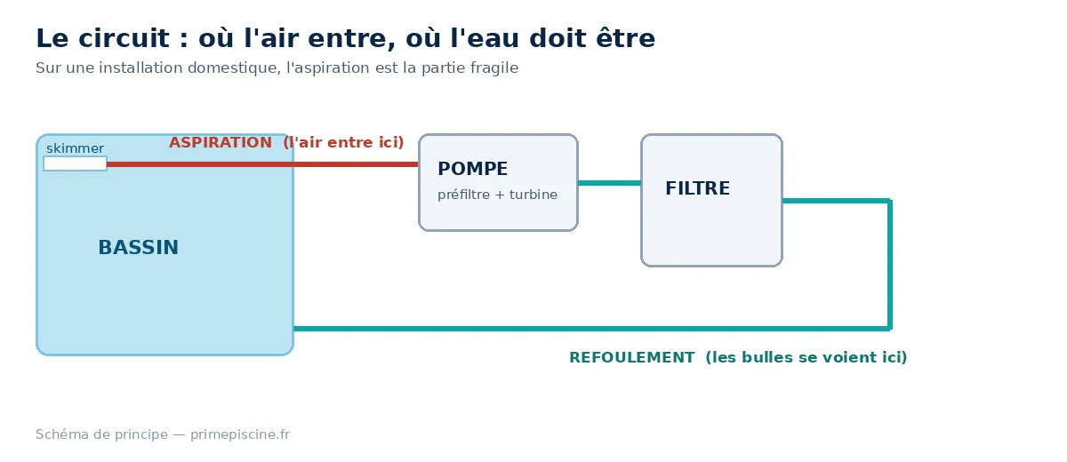Schéma du circuit hydraulique d'une piscine : aspiration, pompe, filtre, refoulement