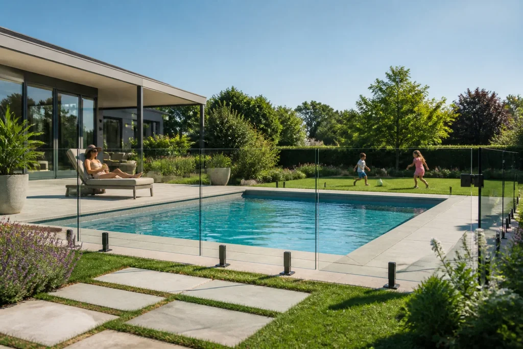 Piscine securisee et jardin luxuriant