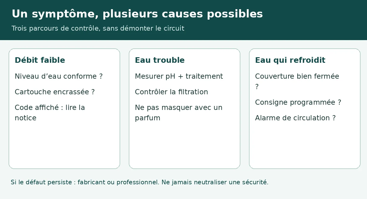 Trois vérifications distinctes devant un débit faible, une eau trouble ou une perte de chaleur