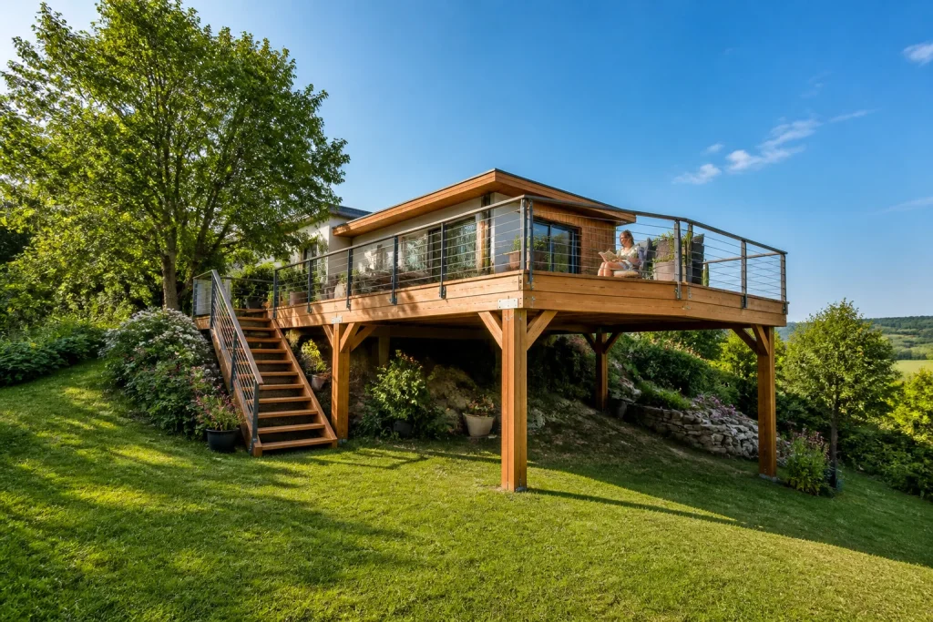 Terrasse sur pilotis moderne dans un jardin verdoyant