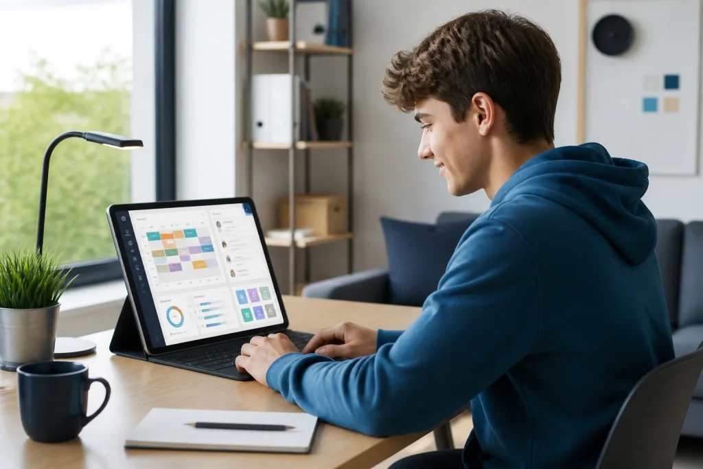 Etudiant confiant utilisant une tablette