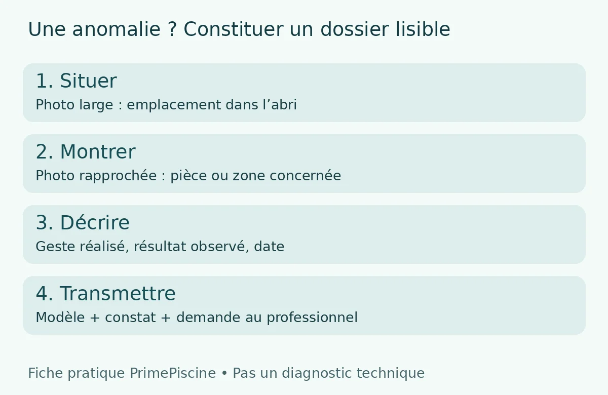 Fiche pratique : photo large, détail, description datée puis transmission au professionnel